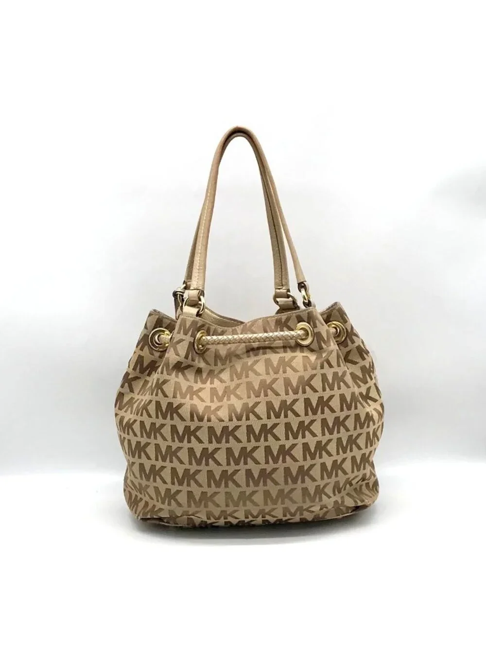 Michael Kors Brown & Gold Monogram Canvas Gathered Jet Set Tote Bag